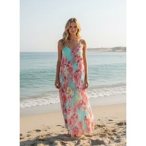 B. Darlin Tropical Floral Pleated Maxi Dress Womens 9/10 Mint Pink Wedding Guest